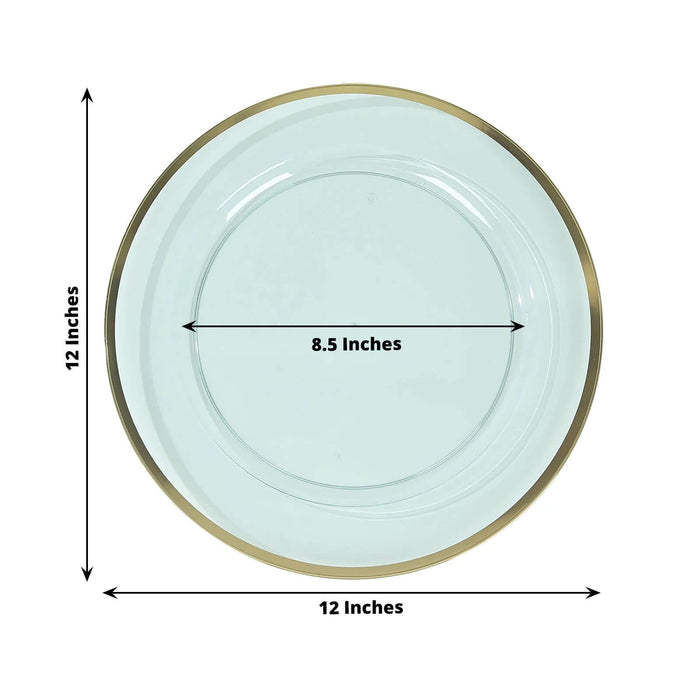 12-inch round glass plate with gold rim, measuring 8.5 inches in center.