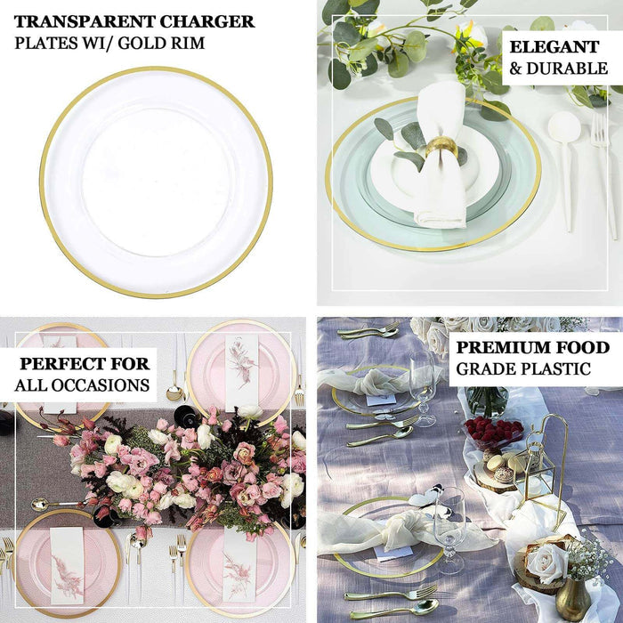 Elegant transparent charger plates with gold rim for all occasions.