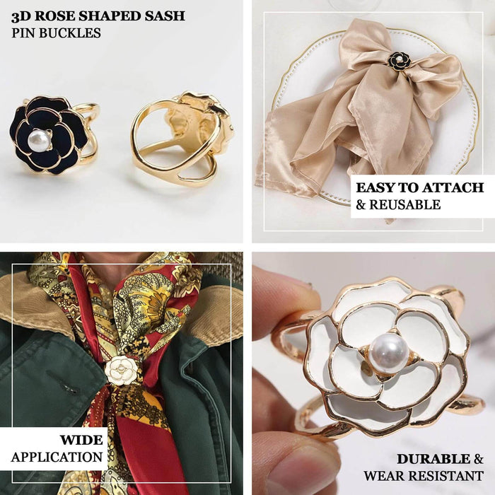 3D rose-shaped sash pin buckles in gold with pearl detail, versatile and reusable.