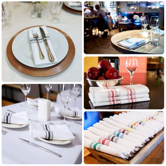 Assorted table settings with napkins and dinnerware in various styles.