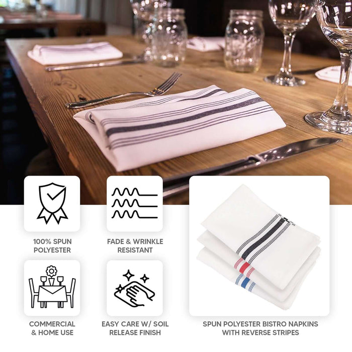 Spun polyester bistro napkins with reverse stripes for commercial and home use.