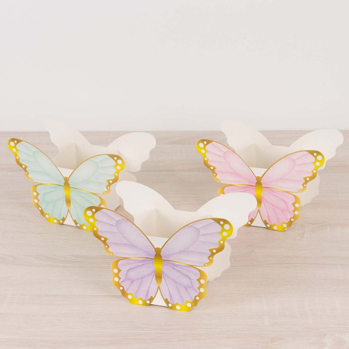 Colorful butterfly-shaped gift boxes in pastel shades.