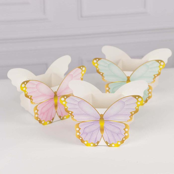 Butterfly-shaped gift boxes in pink, mint, and lavender colors.