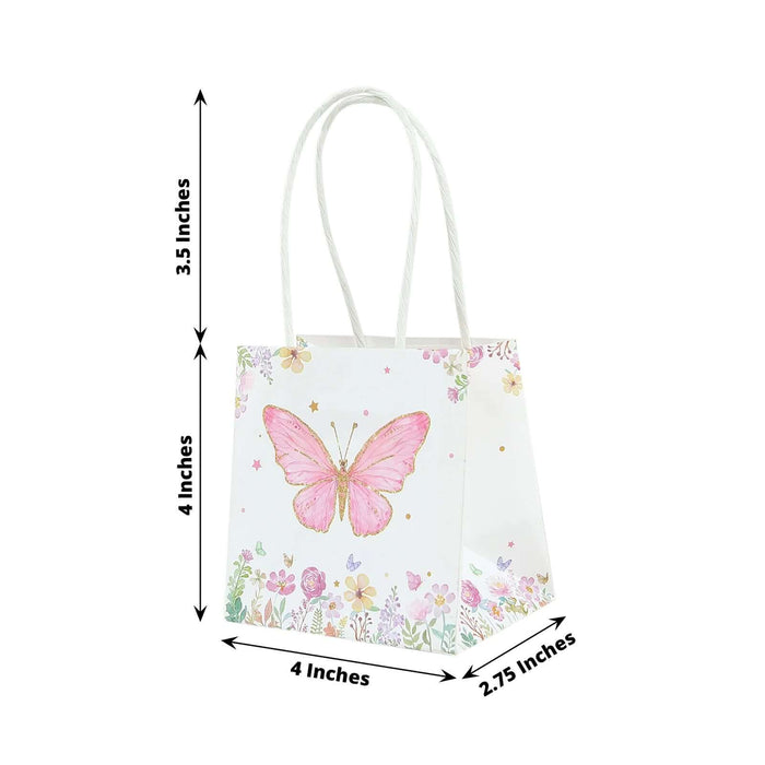 Pink butterfly gift bag with floral design, 4x4x2.75 inches.