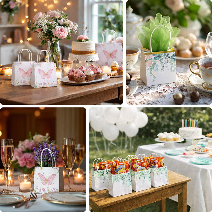 Colorful gift bags with butterfly designs at festive tables and outdoor celebrations.