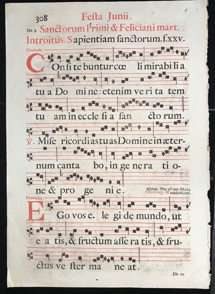 17th C. CHRISTIAN RELIGIOUS MUSIC SONG PARCHMENT SHEET Festa Junii  CHANTS