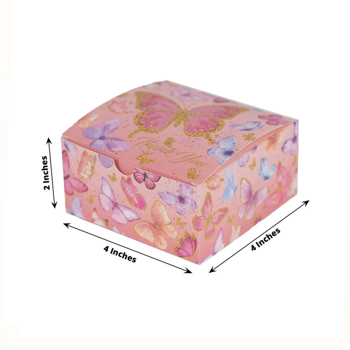 Pink butterfly-patterned gift box, 4x4x2 inches, studio shot.