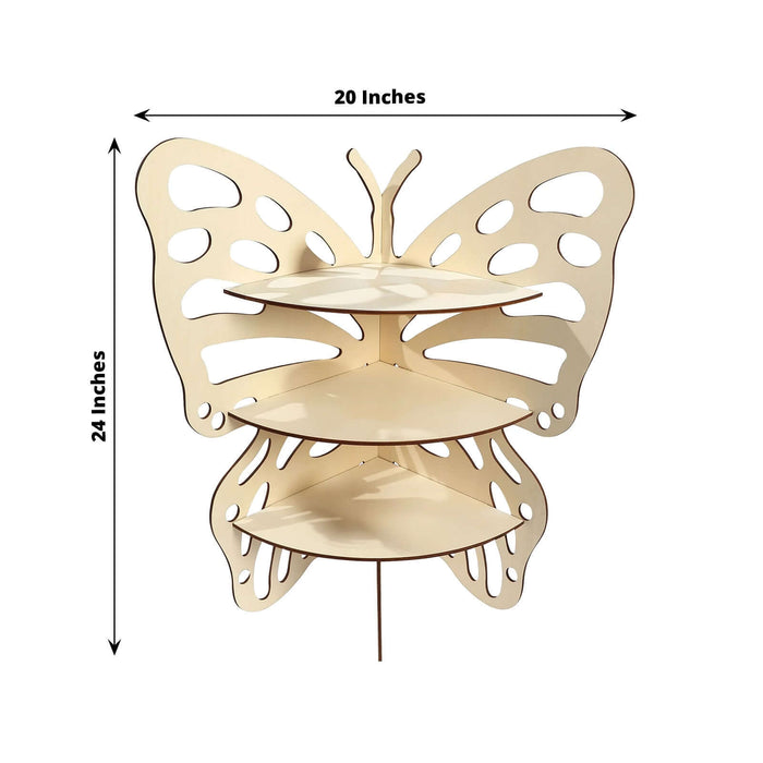 Butterfly-shaped shelf with three tiers, measuring 20x24 inches.