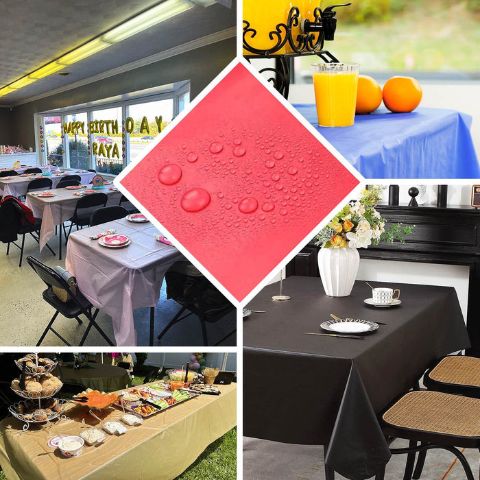 Colorful table setups for a festive celebration with food and drinks.