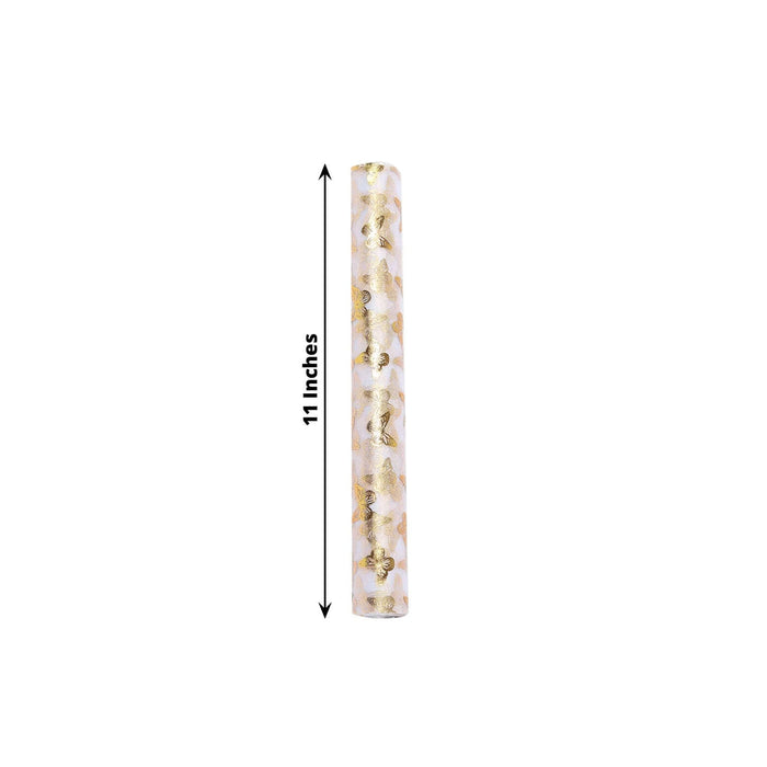 Gold floral wrapping paper roll, 11 inches long.
