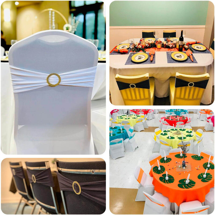 Decorative chair covers in various colors for event styling and decoration.