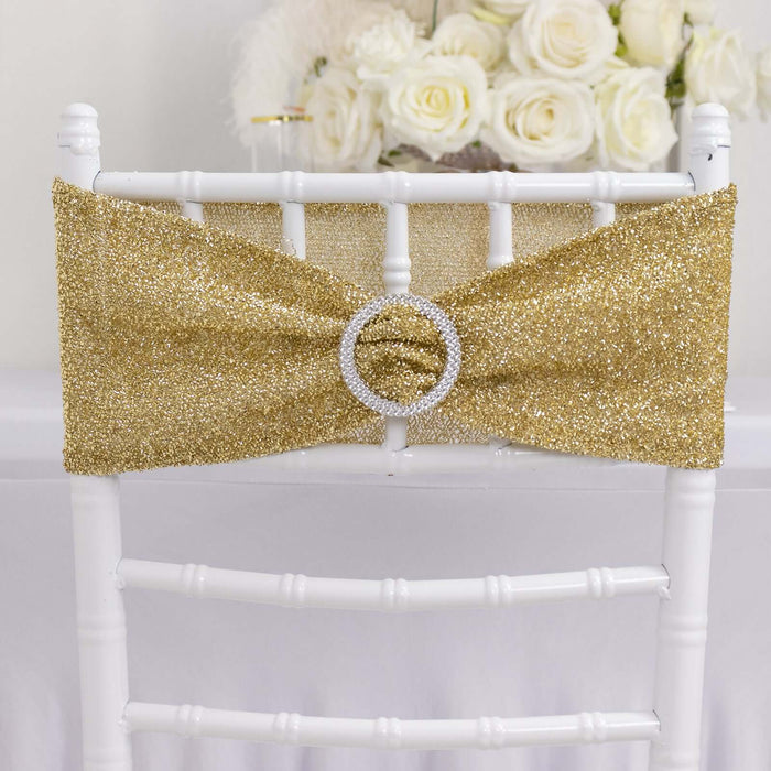 Gold glitter chair sash with rhinestone buckle for elegant decor