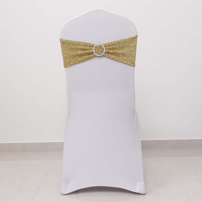 White chair cover with gold sequin sash and buckle detail