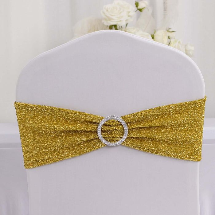 Gold glitter chair cover sash with rhinestone buckle for elegant decor.