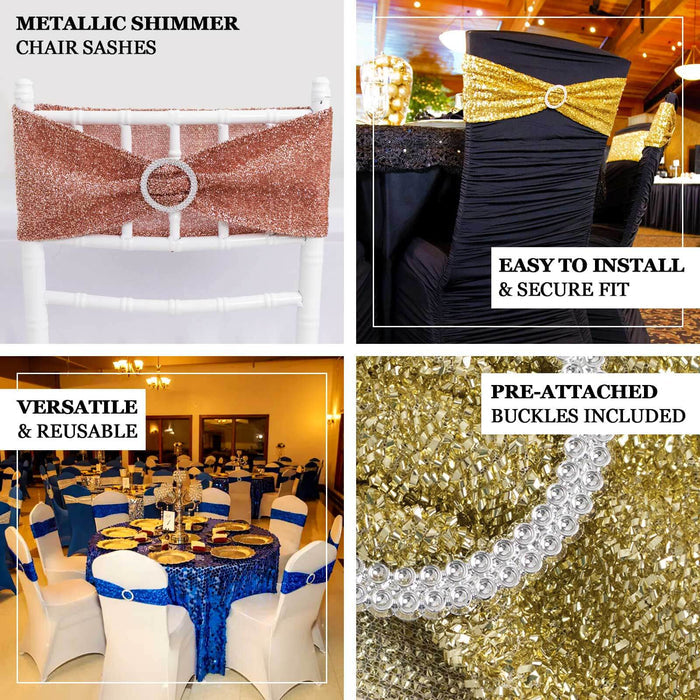 Metallic shimmer chair sashes in various colors for elegant event decor.