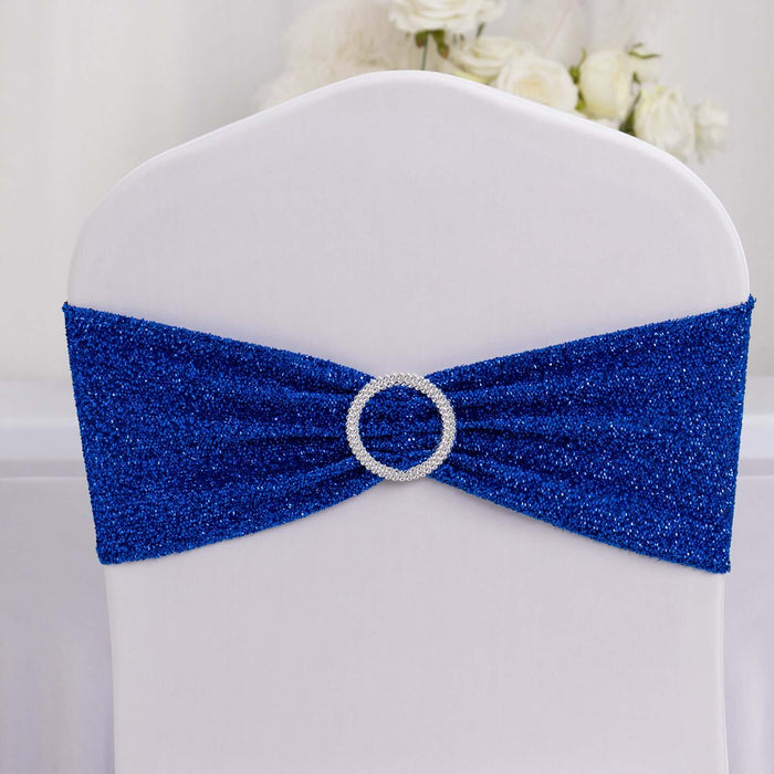 Blue sequin chair sash with rhinestone buckle for event decor