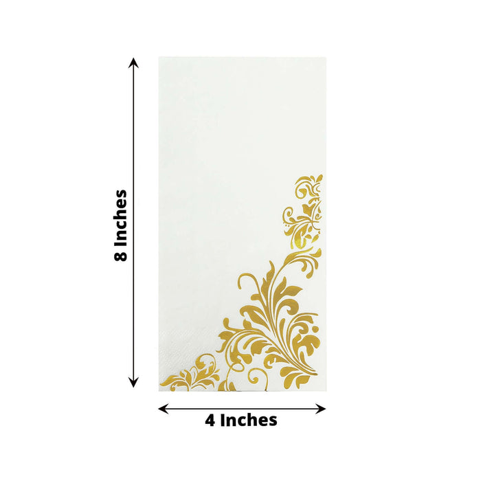 Gold floral design napkin, 8x4 inches on white background.
