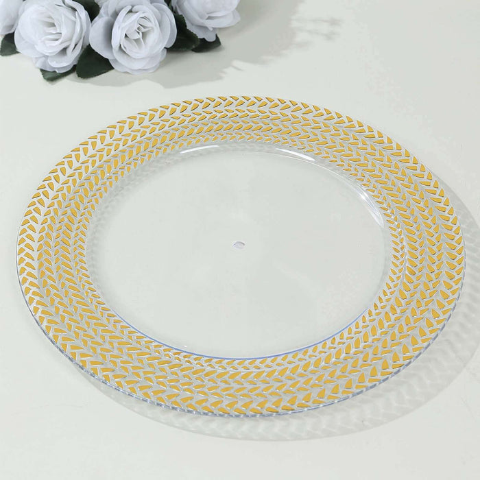 Clear plate with yellow geometric pattern border on a plain background