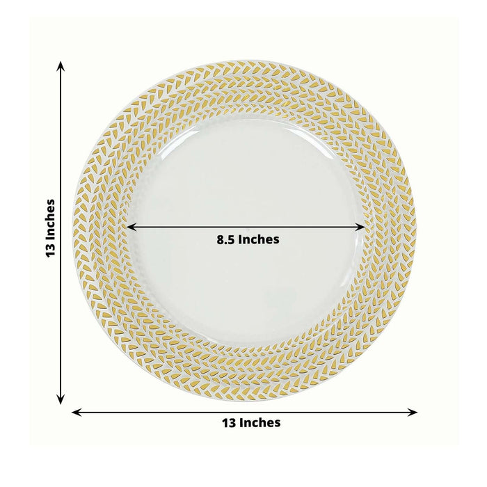 Decorative 13-inch plate with gold leaf design, 8.5-inch inner diameter.