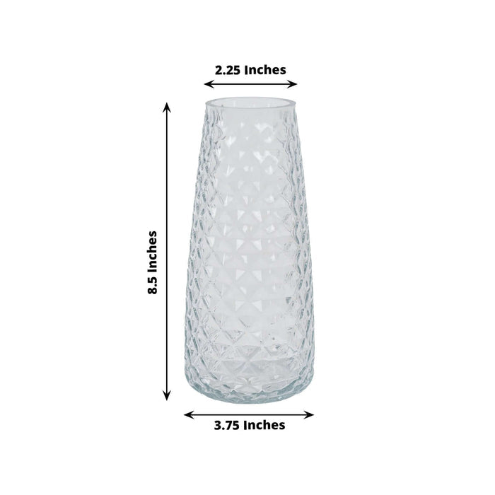 Clear glass vase with geometric pattern, dimensions: 8.5x2.25x3.75 inches.