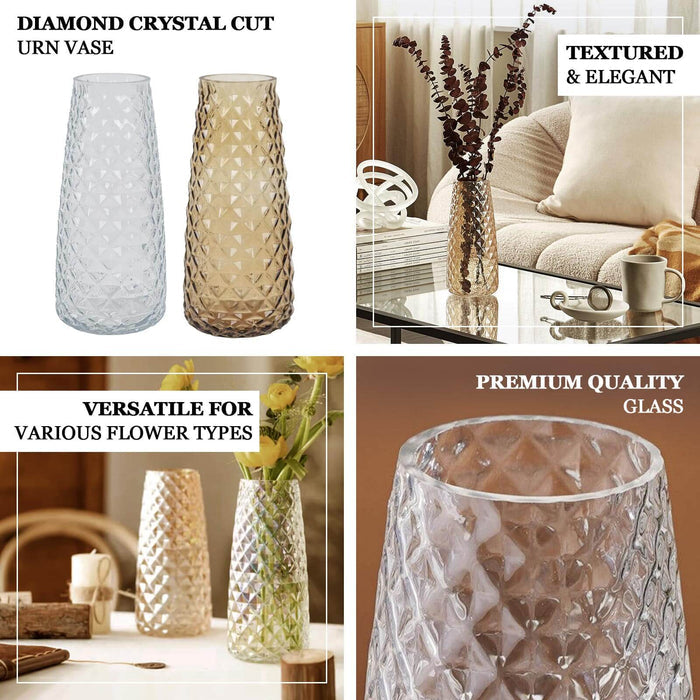 Diamond crystal cut urn vase, textured and elegant, premium quality glass.