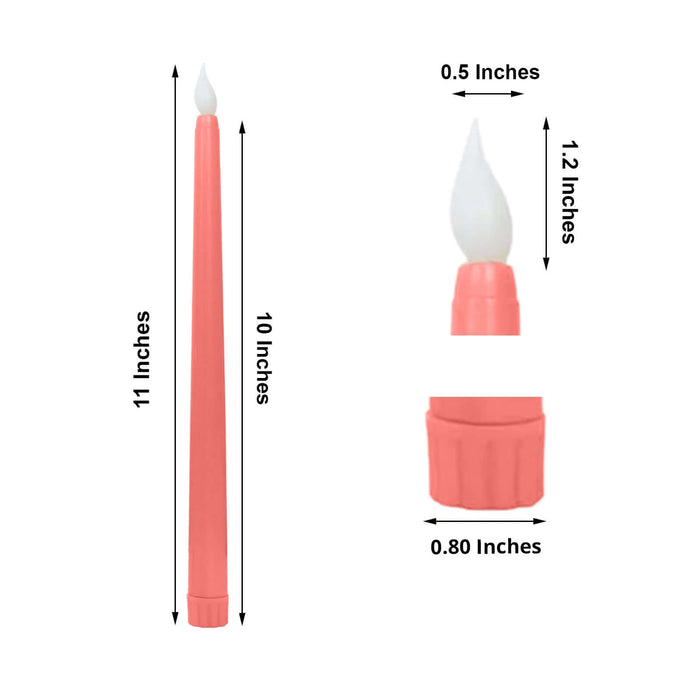 Coral taper candle with dimensions: 11" height, 0.5" diameter.