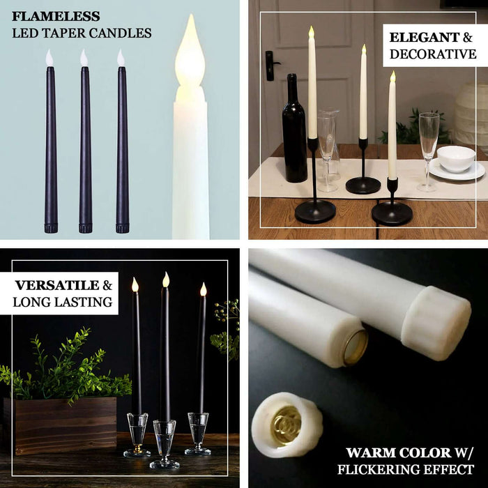 Flameless LED taper candles in various colors for elegant decor.