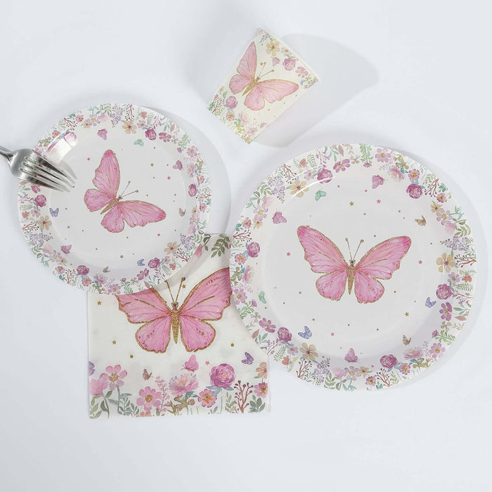 Butterfly-themed disposable plates, cup, and napkin set on white background.