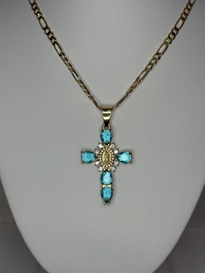 Blue Crystal Virgin of Guadalupe Cross Necklace