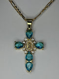 Blue Crystal Virgin of Guadalupe Cross Necklace