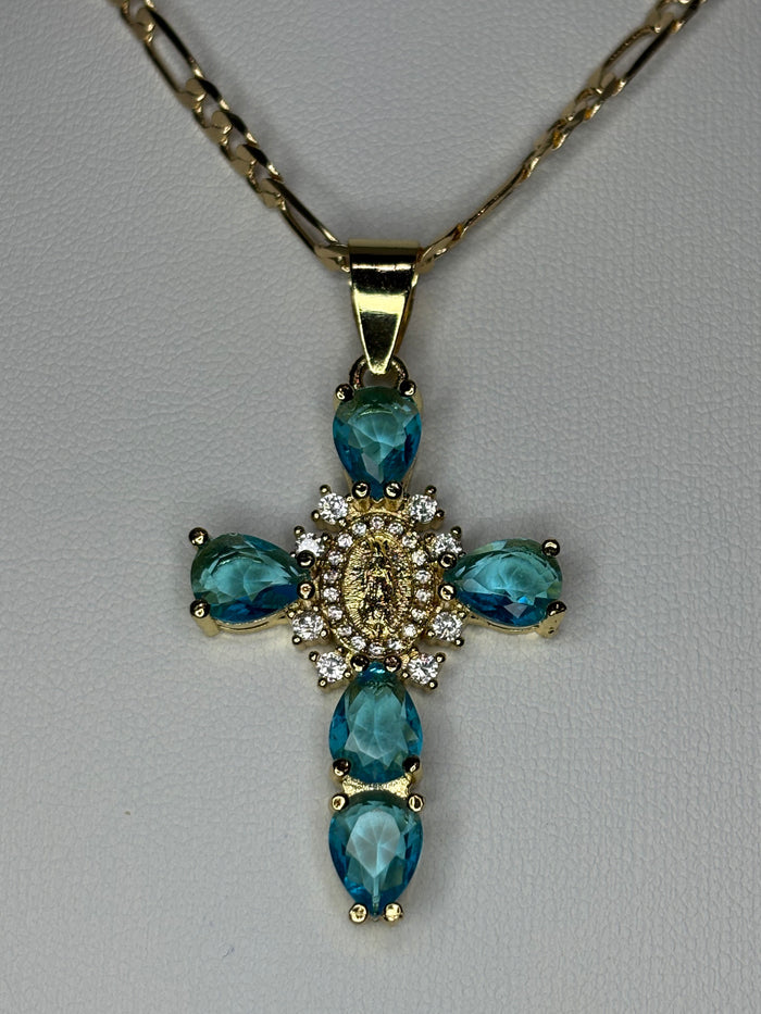 Blue Crystal Virgin of Guadalupe Cross Necklace