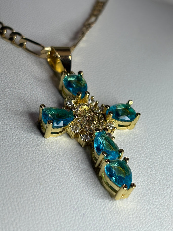 Blue Crystal Virgin of Guadalupe Cross Necklace