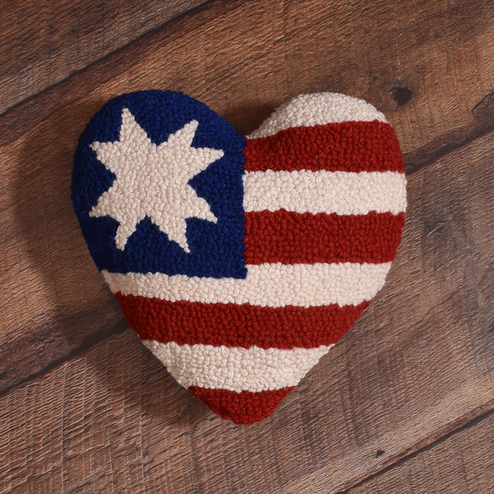American Flag Themed 9" Heart Shaped Hooked Wool Throw Pillow