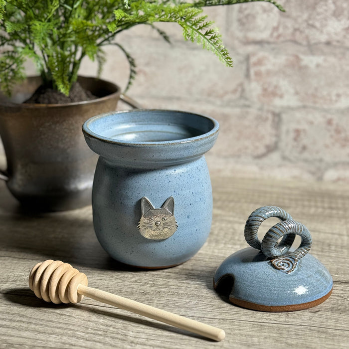American Handmade Honey Jar with Cat Face Pewter Plaque by MudWorks Pottery, Barrington Blue