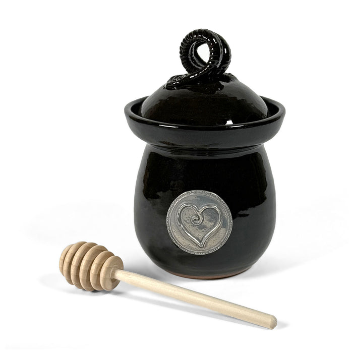 American Handmade Honey Jar with Heart Motif Pewter Plaque by MudWorks Pottery, Black