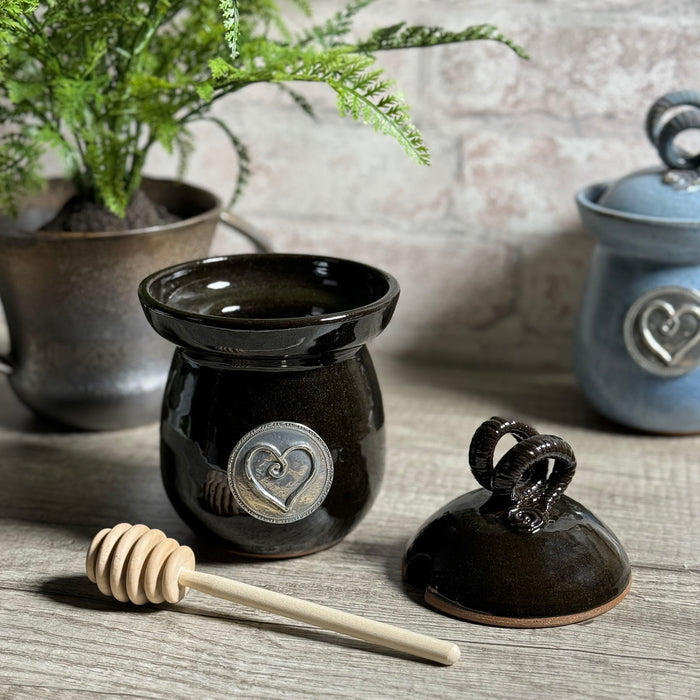 American Handmade Honey Jar with Heart Motif Pewter Plaque by MudWorks Pottery, Black