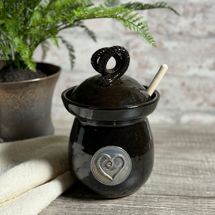 American Handmade Honey Jar with Heart Motif Pewter Plaque by MudWorks Pottery, Black