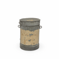 Weathered metal canister with flat lid, side handles, and tan decorative painted panel