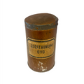 Small antique pharmacy canister with hinged lid and vintage label reading LECITHINUM OVO
