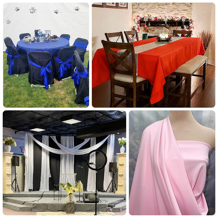 Event decoration ideas with tables, chairs, and fabrics in various setups.