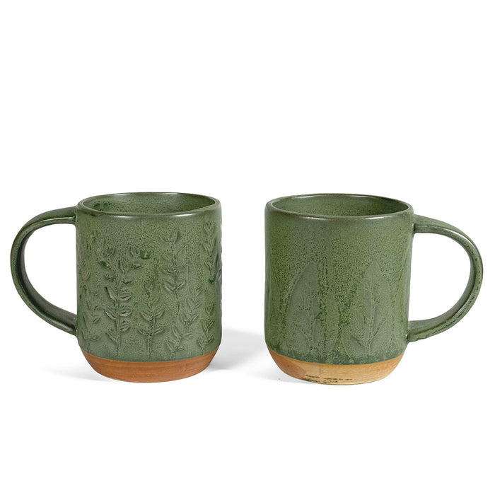 Botanical Stoneware Mugs with Green Reactive Glaze, Set of 2