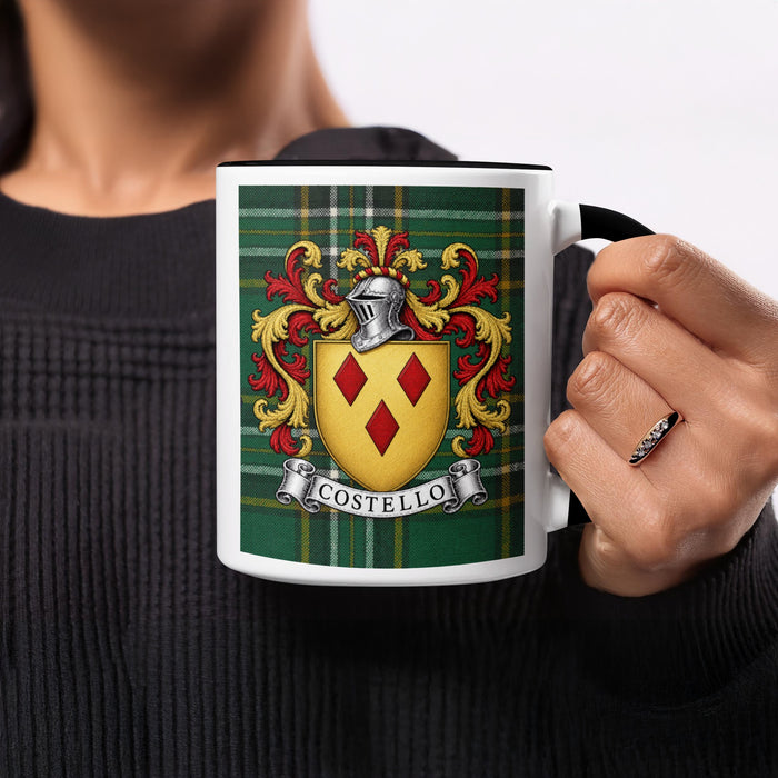 Costello family crest on Irish National Tartan 11 oz ceramic mug, close-up view