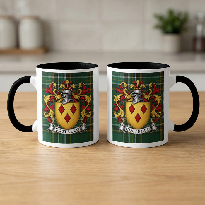 Pair of Costello Irish National Tartan family crest mugs with black handles and rims