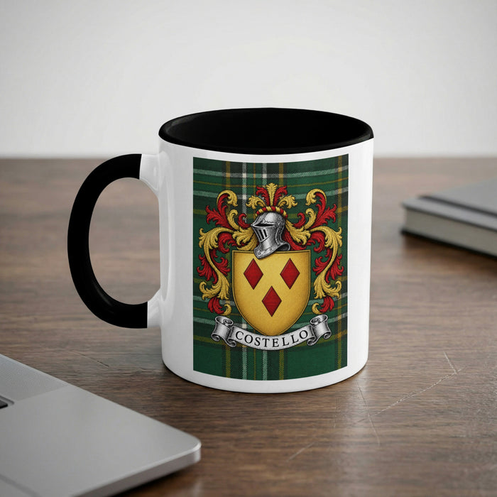 Costello Irish family crest 11 oz ceramic mug with black handle, rim and Irish National Tartan