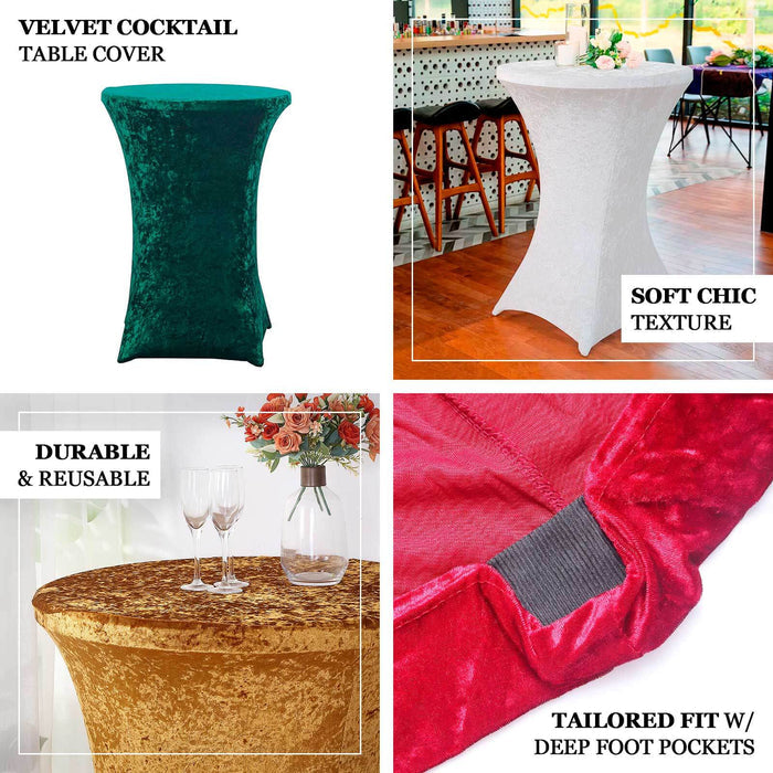 Velvet cocktail table covers in various colors and textures for events and parties.