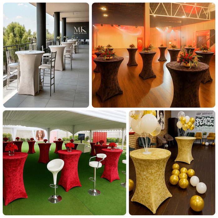 Decorative event tables in various colors and settings for stylish gatherings.