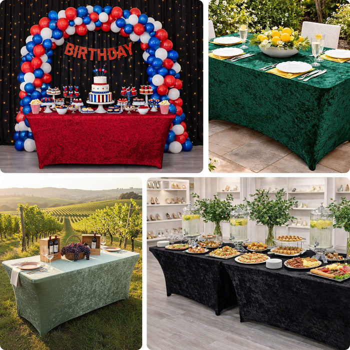 Assorted tablecloths for birthday and event decor, featuring diverse colors and settings.