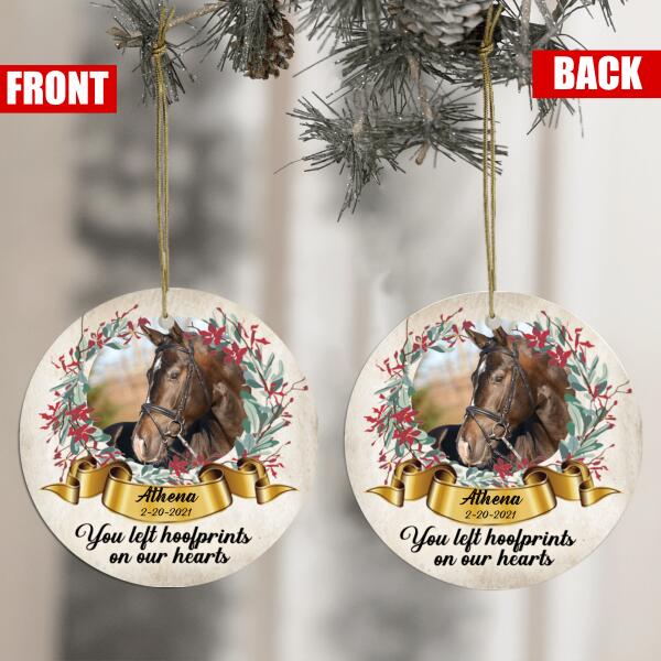 Custom Photo Gift, You Left Hoofprints On Our Hearts - Personalized Circle Ornament