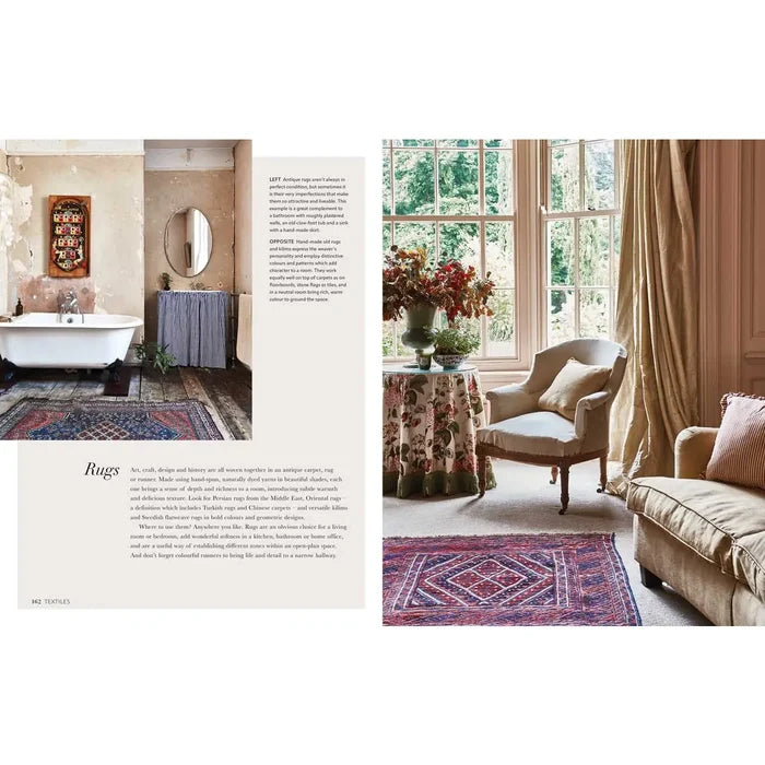 Home decor book open to spread with room photos and printed text