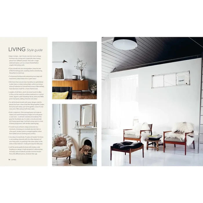 Home decor book open to style guide pages with room scenes and text